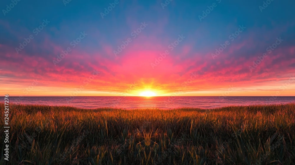 Obraz premium Vibrant sunset over ocean, grasses foreground