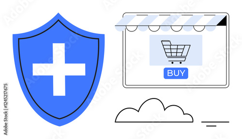 Shopping cart icon on a window with buy button, next to a blue protection shield with plus symbol. Ideal for promoting online shopping security, e-commerce safety, fraud prevention, secure