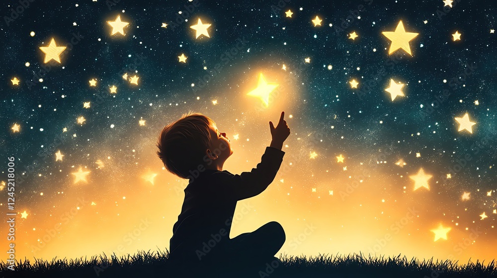Child reaching for stars in a night sky. Child reaching for stars in a night sky.