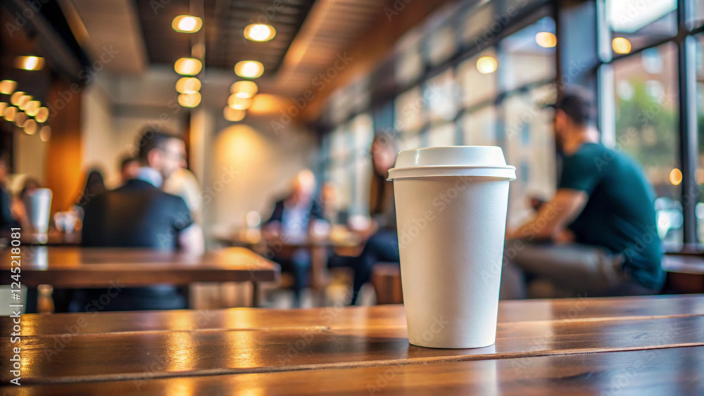 White Disposable Coffee Cup on Wooden Counter in Cafe Setting White Disposable Coffee Cup on Wooden Counter in Cafe Setting