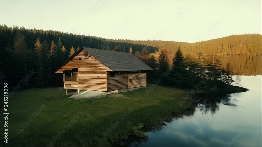 Serene Wooden Cabin by Calm Lake Surrounded by Forests, Reflecting Nature's Beauty on a Tranquil Day with Clear Sky and Still Waters Serene Wooden Cabin by Calm Lake Surrounded by Forests, Reflecting Nature's Beauty on a Tranquil Day with Clear Sky and Still Waters