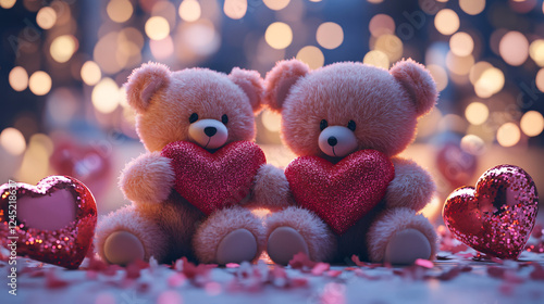 Wallpaper Mural Two adorable teddy bears holding heart shapes amidst festive decorations. Torontodigital.ca