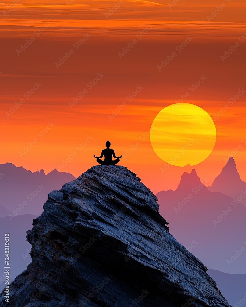 Meditation and spa themed, Serene Meditation at Sunrise on Rocky Peak with Majestic Mountains and Vibrant Sun in Background Meditation and spa themed, Serene Meditation at Sunrise on Rocky Peak with Majestic Mountains and Vibrant Sun in Background