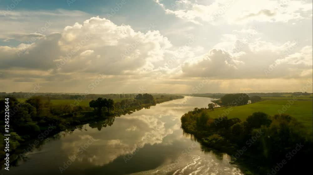 Majestic River Landscape under Bright Blue Sky with Fluffy Clouds and Sunlight Casting Beautiful Reflections on Calm Water Surface in Lush Green Scenery Majestic River Landscape under Bright Blue Sky with Fluffy Clouds and Sunlight Casting Beautiful Reflections on Calm Water Surface in Lush Green Scenery