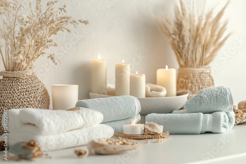 Conjunto de itens de spa com toalhas, velas e elementos decorativos em tons neutros, capturados com luz natural suave, criado com IA generativa.