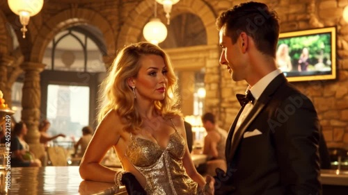 Past future world where classic James Bond AI girl's glamour meets sleek, retro-futuristic golden atomic vibe