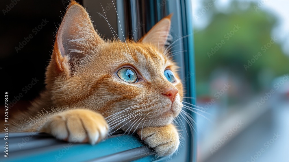 Curious ginger cat peering out car window, city background, travel pet Curious ginger cat peering out car window, city background, travel pet