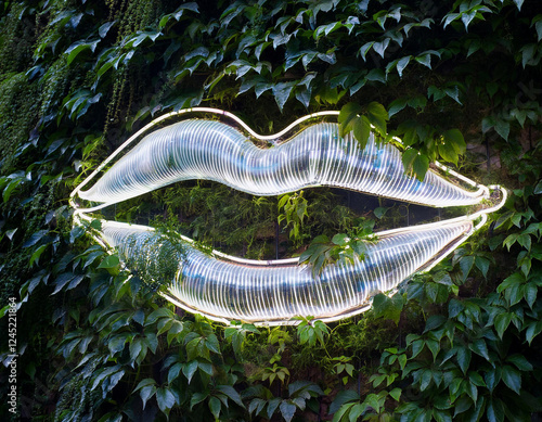 Luz neon de labios en fondo verde plantas trepadoras