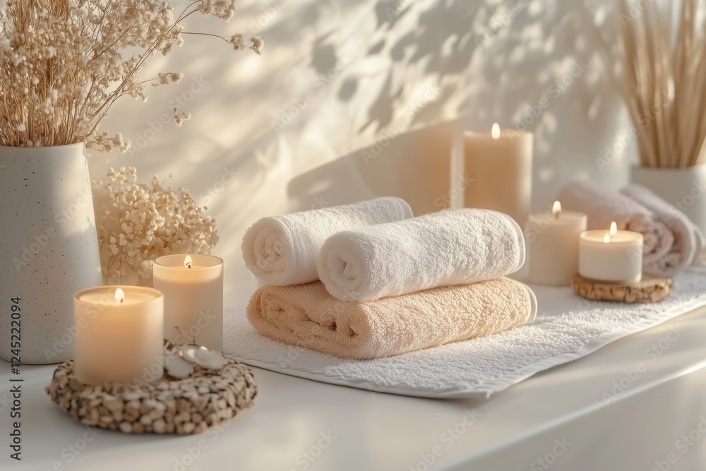 Conjunto de itens de spa com toalhas, velas e elementos decorativos em tons neutros, capturados com luz natural suave, criado com IA generativa. Conjunto de itens de spa com toalhas, velas e elementos decorativos em tons neutros, capturados com luz natural suave, criado com IA generativa.