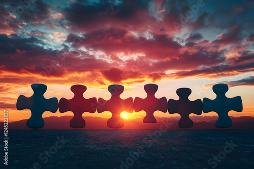 Collaboration concept featuring puzzle pieces aligning under a dramatic sunset photo