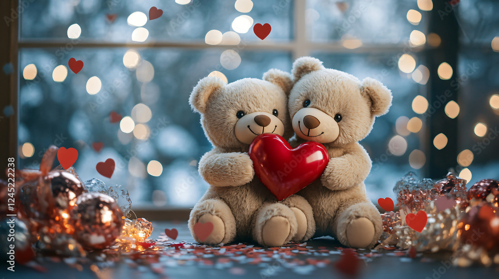 custom made wallpaper toronto digitalTwo cute teddy bears holding a heart in a cozy, festive setting with soft lights.