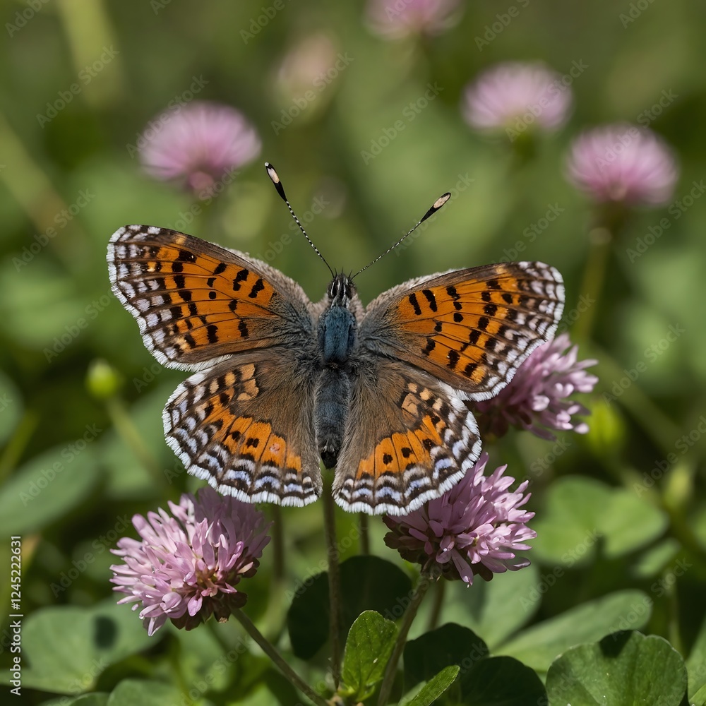 Sunlit Escape: A Lunge’s Metal mark Butterfly in Clover Paradise Sunlit Escape: A Lunge’s Metal mark Butterfly in Clover Paradise