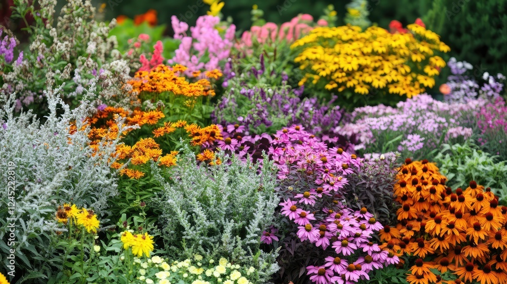 Obraz premium An array of blooming perennial plants with natural sunlight and a blurred background for easy customization of graphics.