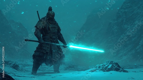 A heroic ancient Chinese warrior in ornate armor, wielding a glowing sword amidst a misty mountain battlefield.