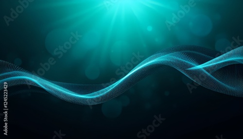 Abstract Futuristic Blue Light Waves with Glowing Bokeh on Dark Background
