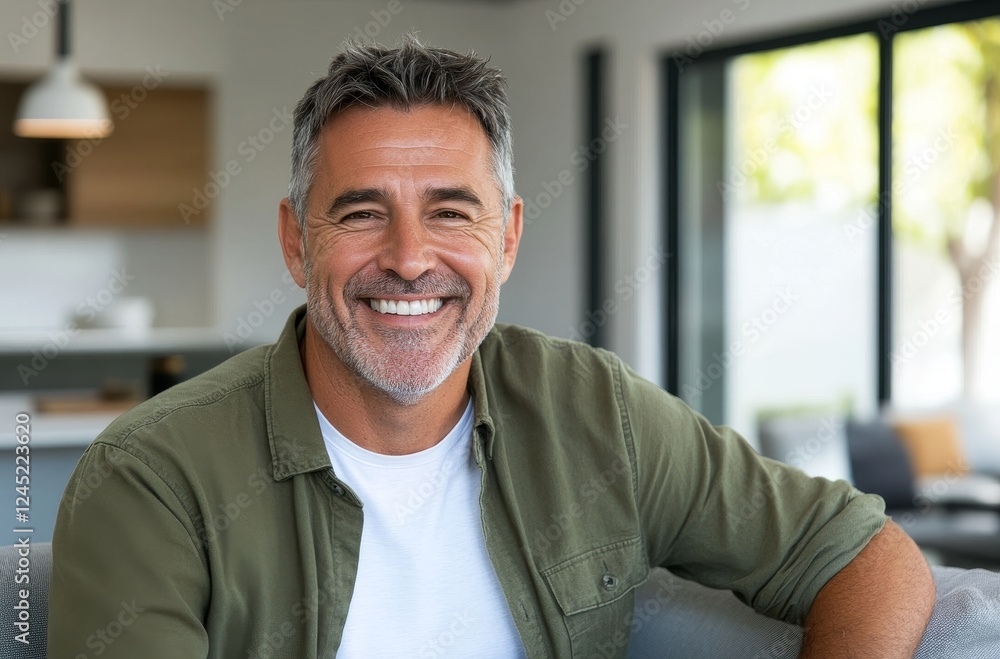 Naklejka premium Caucasian mature male smiling in modern living room setting