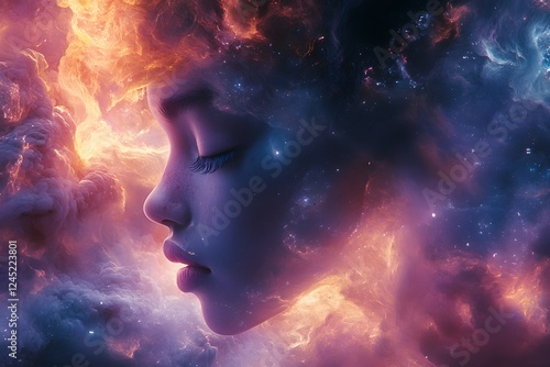 Child's face in cosmic nebula, dreaming amidst interstellar clouds