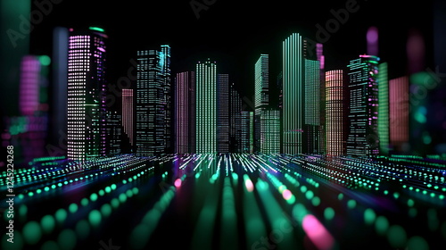 Neon cityscape glowing at night with vibrant lights illuminating skyscrapers and a futuristic atmosphere filled with colorful neon patterns and reflections.