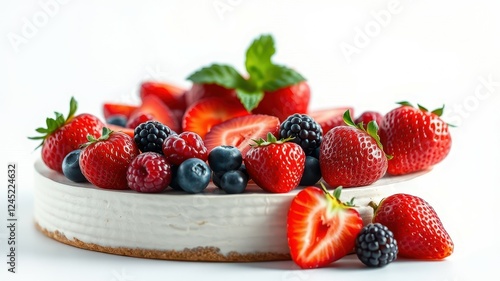 Fresh berry cheesecake with strawberries, blueberries, and blackberries on a light background photo