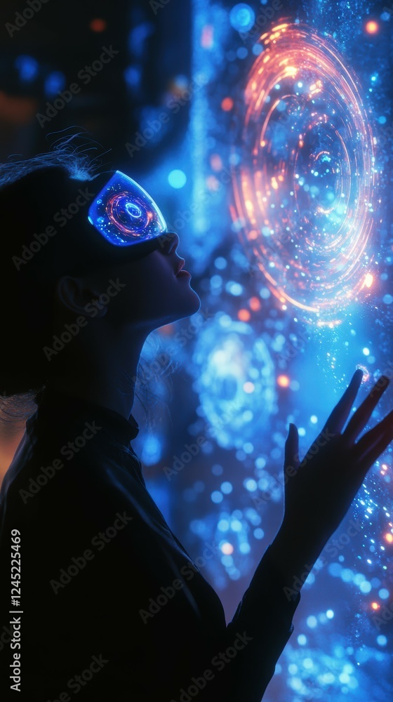 Obraz premium Human Silhouette Interacting with Abstract Floating Visual Elements