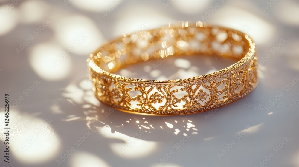 A close-up shot of a gold bracelet with a sophisticated design placed on a light background, with ample copy space. A close-up shot of a gold bracelet with a sophisticated design placed on a light background, with ample copy space.