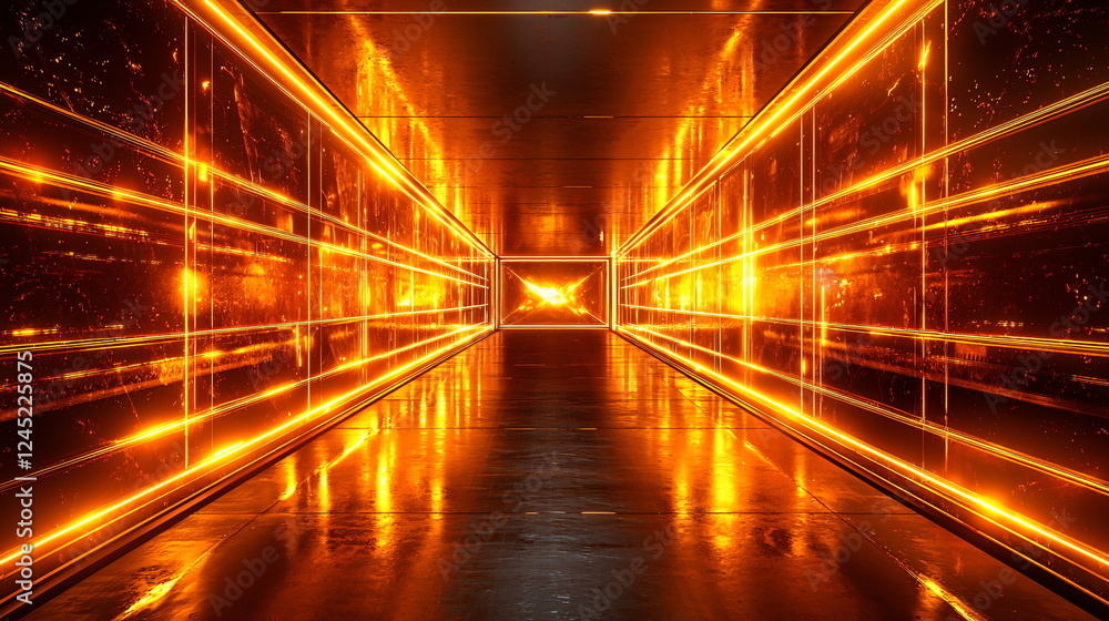 Illuminated corridor with glowing orange lights reflecting on the floor creating a futuristic and vibrant atmosphere in a modern design setting.