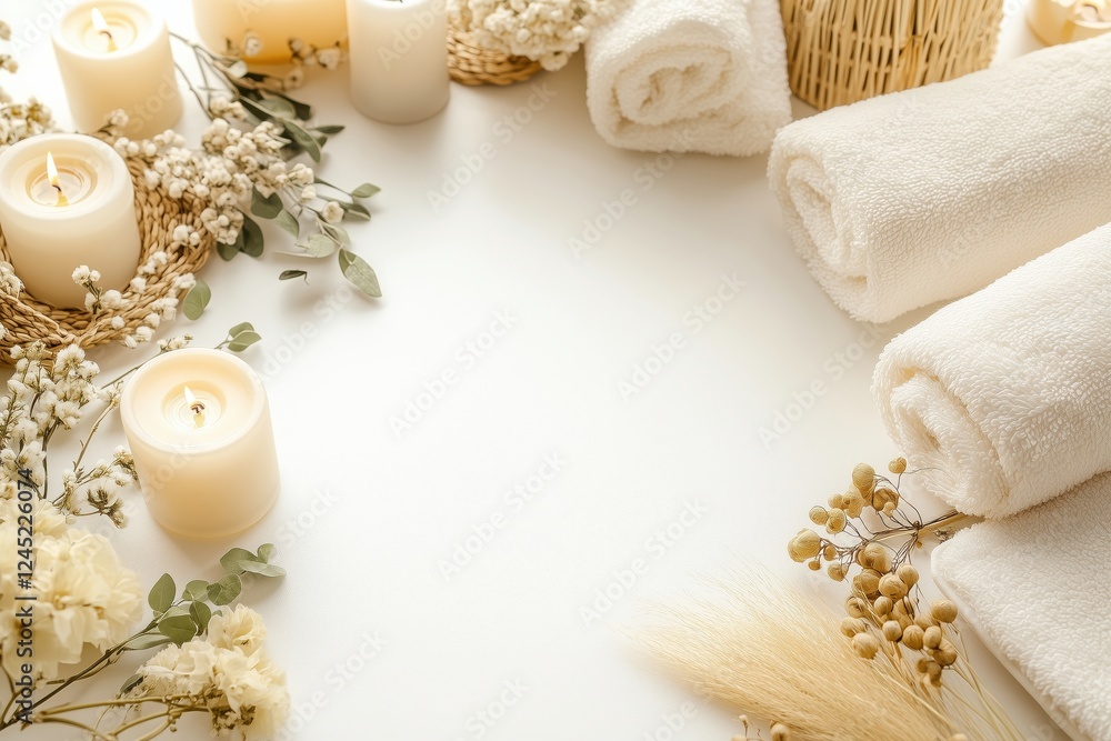 Conjunto de itens de spa com toalhas, velas e elementos decorativos em tons neutros, capturados com luz natural suave, criado com IA generativa. Conjunto de itens de spa com toalhas, velas e elementos decorativos em tons neutros, capturados com luz natural suave, criado com IA generativa.