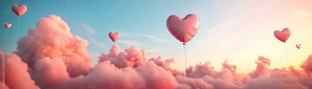 Fototapeta premium Whimsical heart-shaped balloons floating among pastel clouds at sunset.