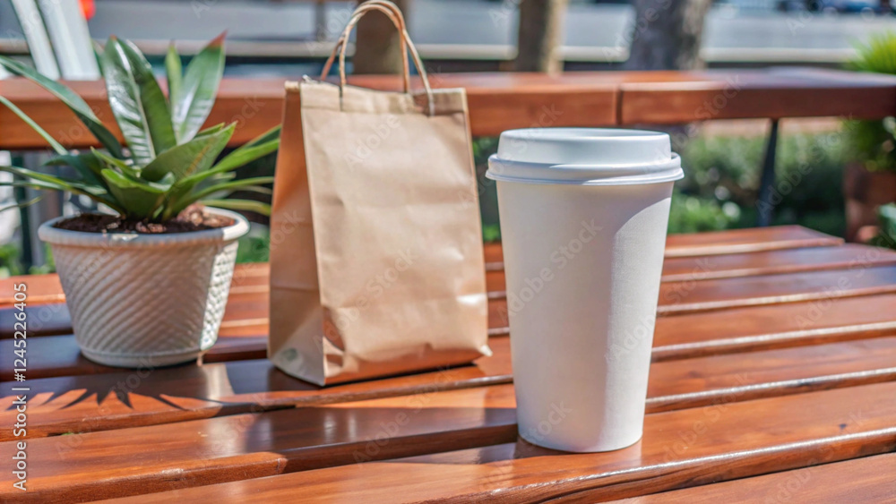 Takeaway Coffee Cup and Reusable Bag on Wooden Table with Greenery Background