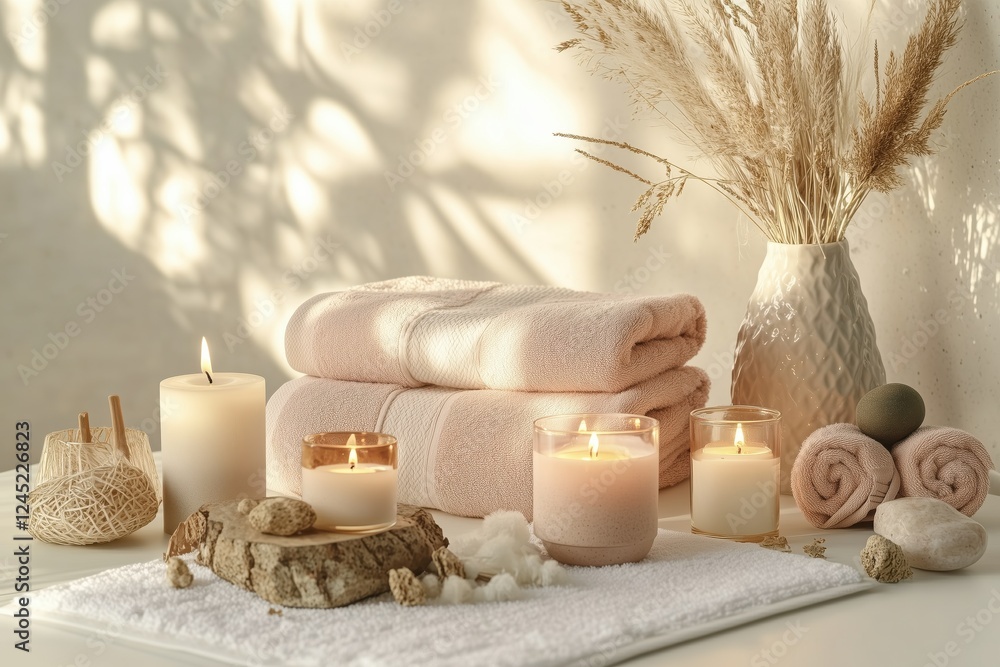 Conjunto de itens de spa com toalhas, velas e elementos decorativos em tons neutros, capturados com luz natural suave, criado com IA generativa. Conjunto de itens de spa com toalhas, velas e elementos decorativos em tons neutros, capturados com luz natural suave, criado com IA generativa.