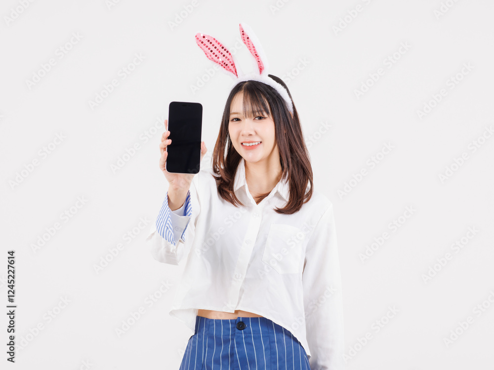 Portrait happy Asian young pretty woman wearing casual clothes bunny rabbit ears, teenager funny holding smartphone with blank screen smiling while standing pose on white background, Easter concept. Portrait happy Asian young pretty woman wearing casual clothes bunny rabbit ears, teenager funny holding smartphone with blank screen smiling while standing pose on white background, Easter concept.