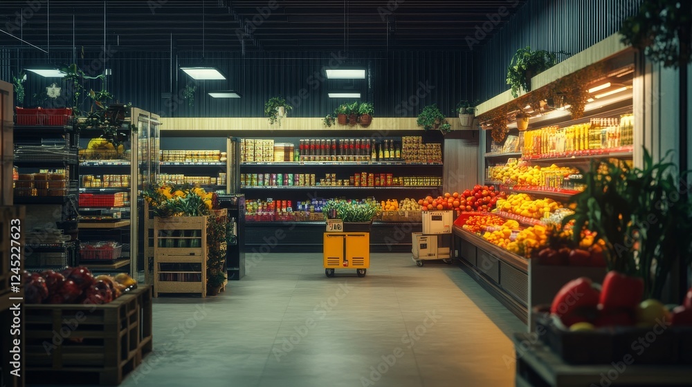 Fototapeta premium Modern supermarket produce aisle with fresh fruits and vegetables in bright lighting