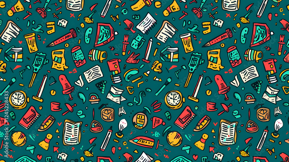 Colorful pattern featuring various school supplies and tools scattered across a teal background Colorful pattern featuring various school supplies and tools scattered across a teal background