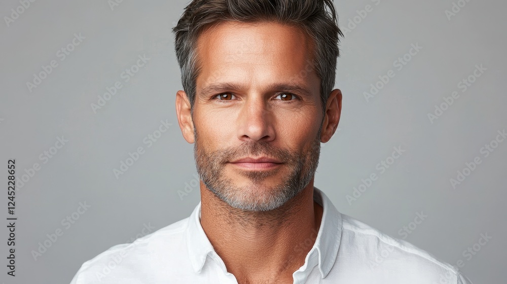 Fototapeta premium Confident caucasian mature male in white shirt against gray background