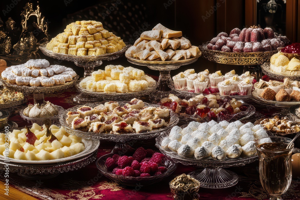 A lavish display of assorted sweets and desserts elegantly arranged on ornate platters in a cozy setting A lavish display of assorted sweets and desserts elegantly arranged on ornate platters in a cozy setting