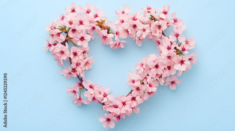 Cherry blossom flowers arranged in a heart shape, minimal style Cherry blossom flowers arranged in a heart shape, minimal style
