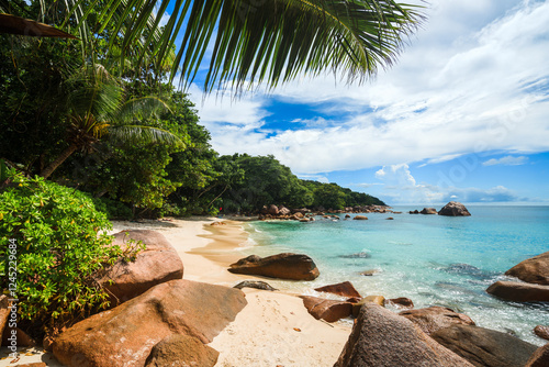 Tropical beach with rocks, Praslin island, Seychelles