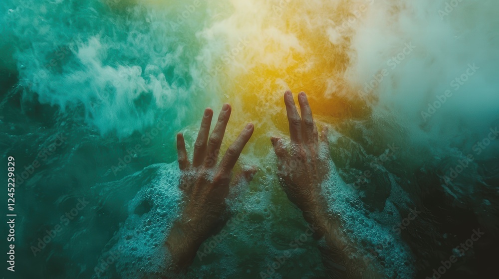 Obraz premium Colorful Hands Capturing Spring Vibes in Hot Water with Dynamic Waves