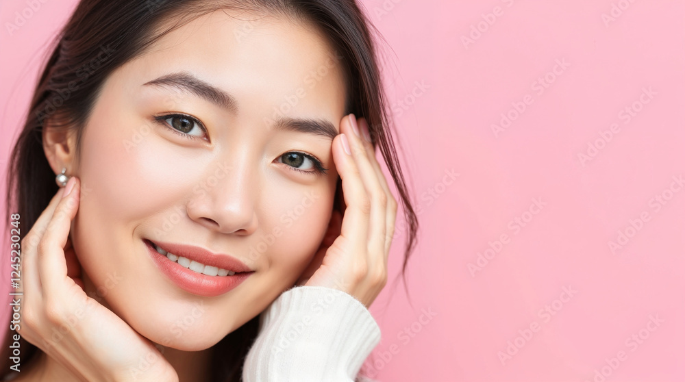 Studio shot of Beautiful young Asian woman with clean fresh skin on pink pastel background, Face care, Facial treatment, beauty and spa Studio shot of Beautiful young Asian woman with clean fresh skin on pink pastel background, Face care, Facial treatment, beauty and spa