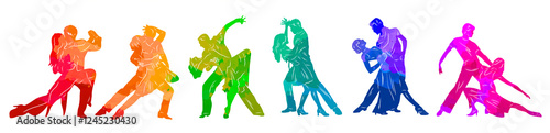 Paired dancing silhouettes of people, dancers man and woman, girl and guy. Illustration of dance. Tango. Waltz.