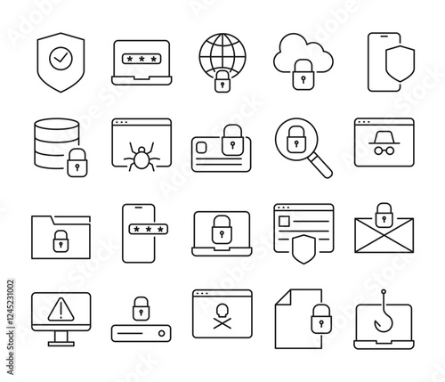 Set of internet security icons in simple thin line. Collection of icons related to cyber security, including data protection, safe browsing, password, clickbait, incognito, etc. Editable stroke