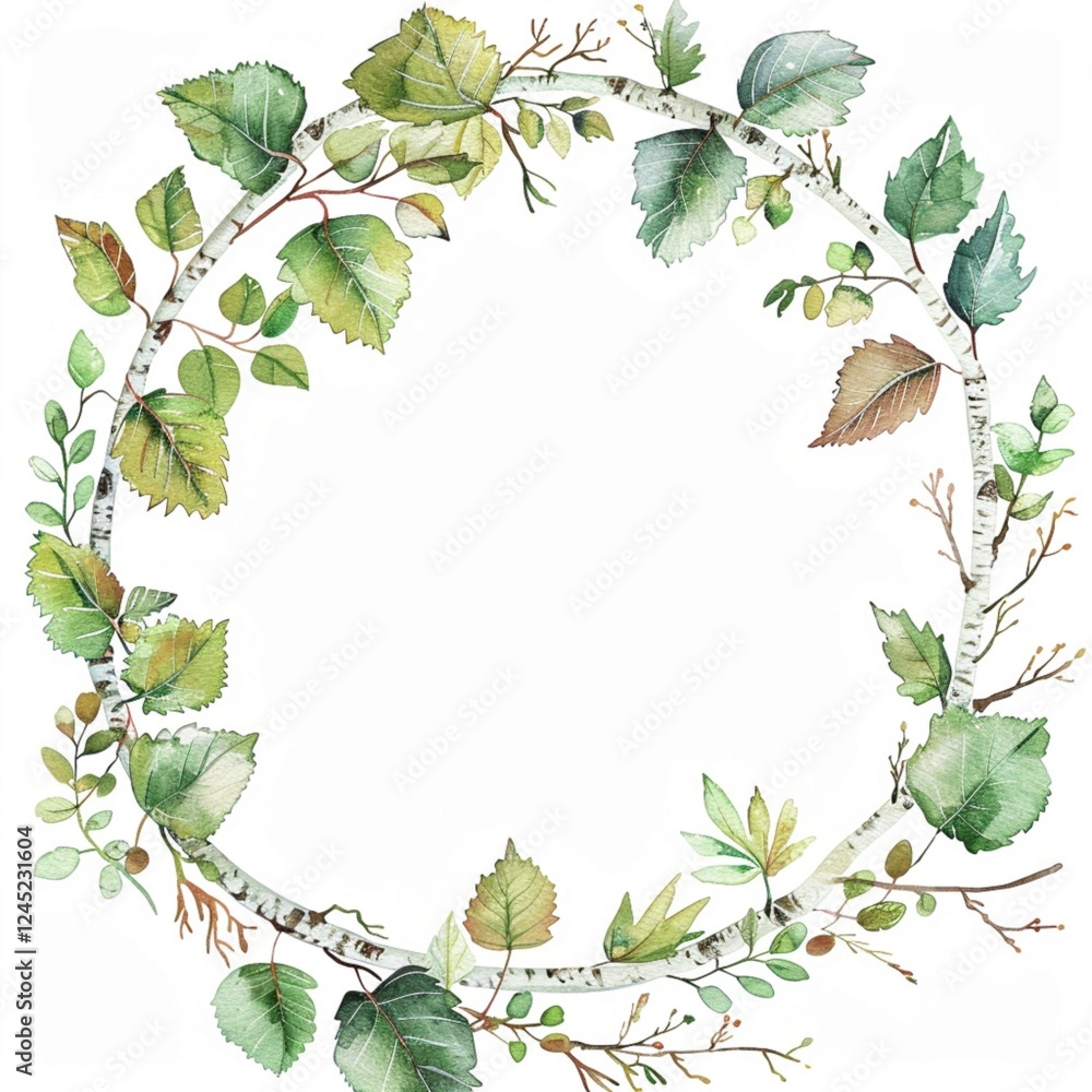 Naklejka premium Wreath of birch branches and leaves, wreath of meadow flowers, round frame of wild plants, white background