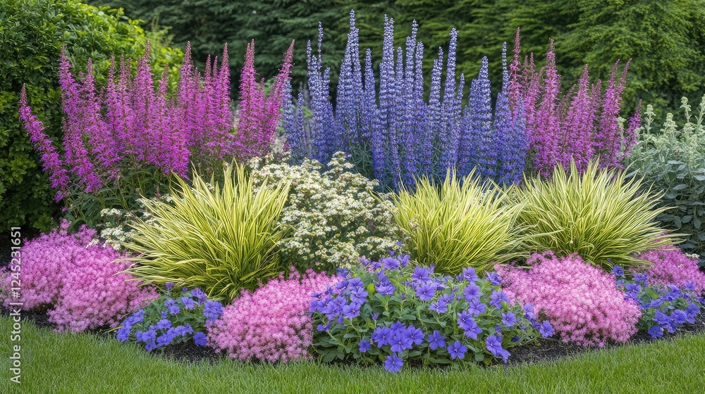 Obraz premium A group of flowering perennial plants in a garden, with space in the background for product or brand placement.
