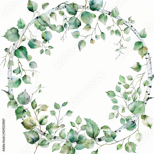 Wallpaper Mural Wreath of birch branches and leaves, wreath of meadow flowers, round frame of wild plants, white background Torontodigital.ca