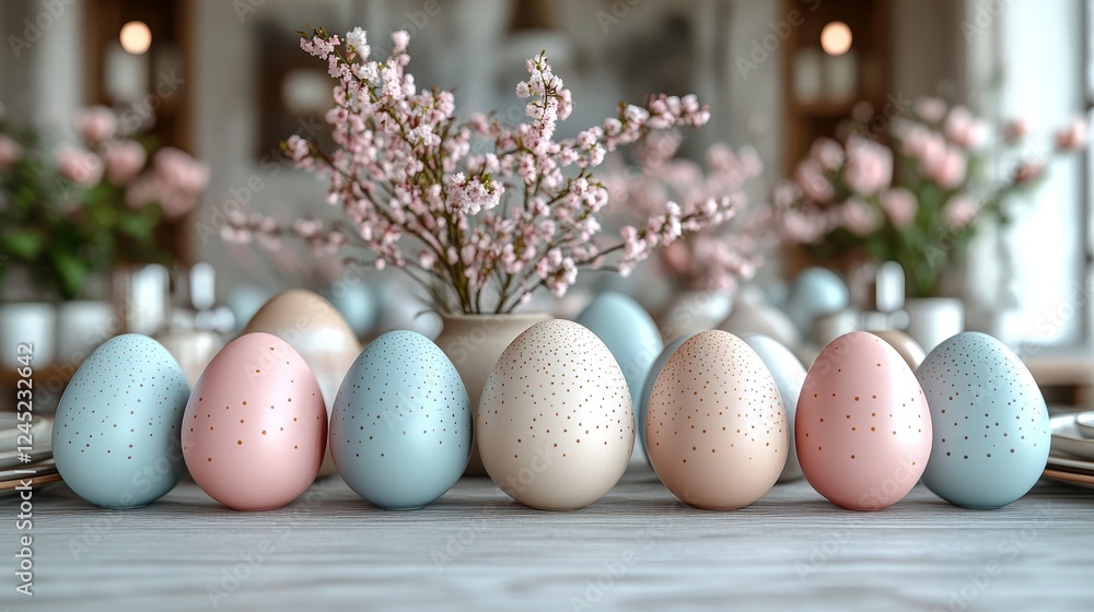 Fototapeta premium Pastel easter eggs and cherry blossoms on elegant table setting
