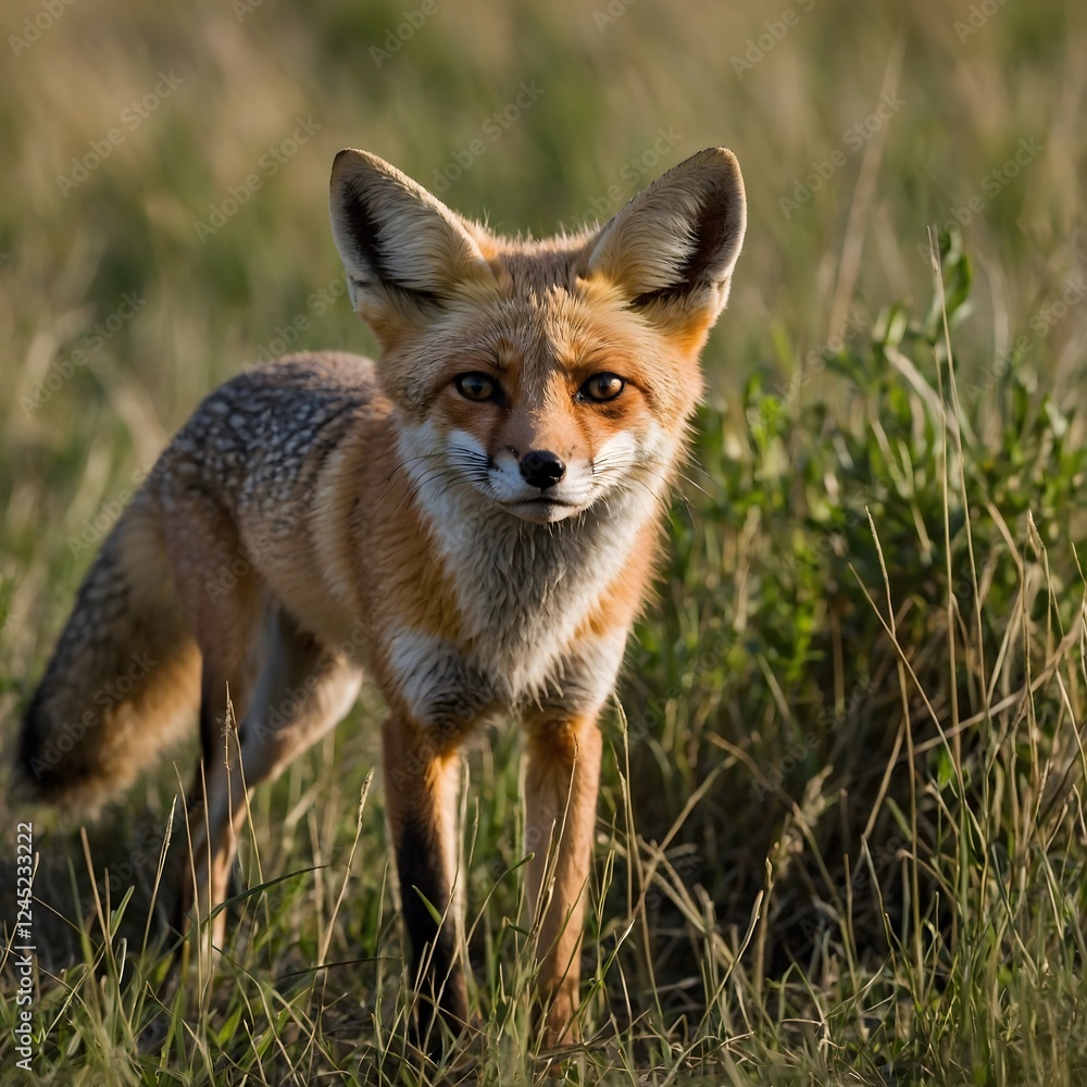 Fototapeta premium Lurking Shadows: A Kit Fox Stealthily Navigating the Grasslands