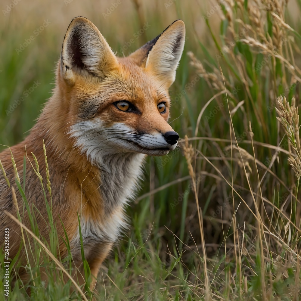 Fototapeta premium Predatory Grace: A Kit Fox Set to Leap from the Tall Grass