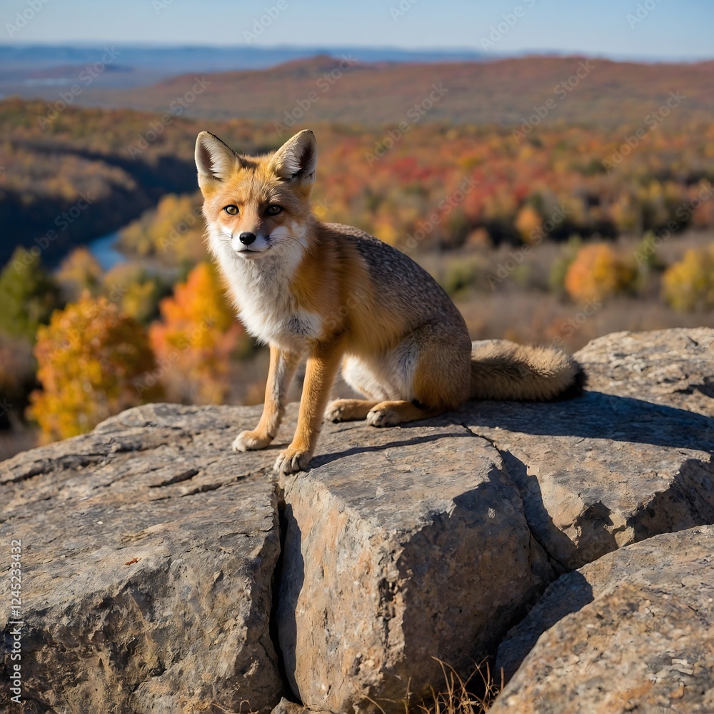 Fototapeta premium Autumn Views: A Kit Fox at the Summit, Watching the Vibrant Valley