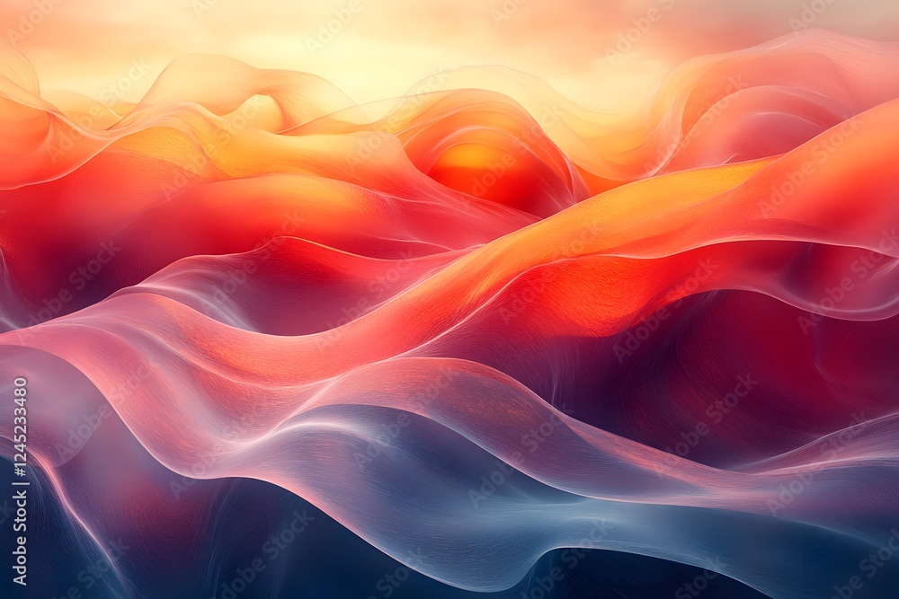 Fototapeta premium Flowing abstract waves at sunset, ethereal background, design element