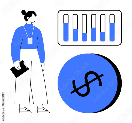 Businesswoman holding clipboard analyzing chart. Dollar sign at lower right. Ideal for finance, economy, data analysis, business strategy, financial growth, market research budgeting. Abstract line